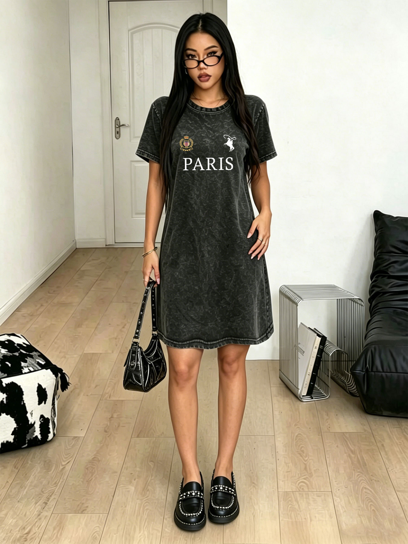 Streetwear Brand Paris - Vestido feminino estilo camiseta vintage lavada,
