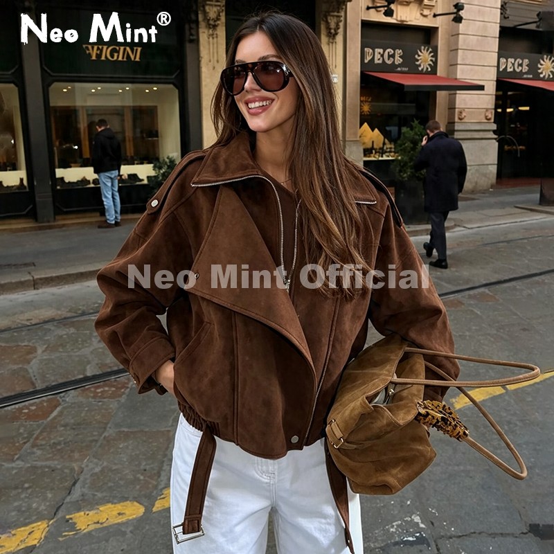 Women Streetwear Brand - Jaqueta Feminina Oversized de Camurça Marrom