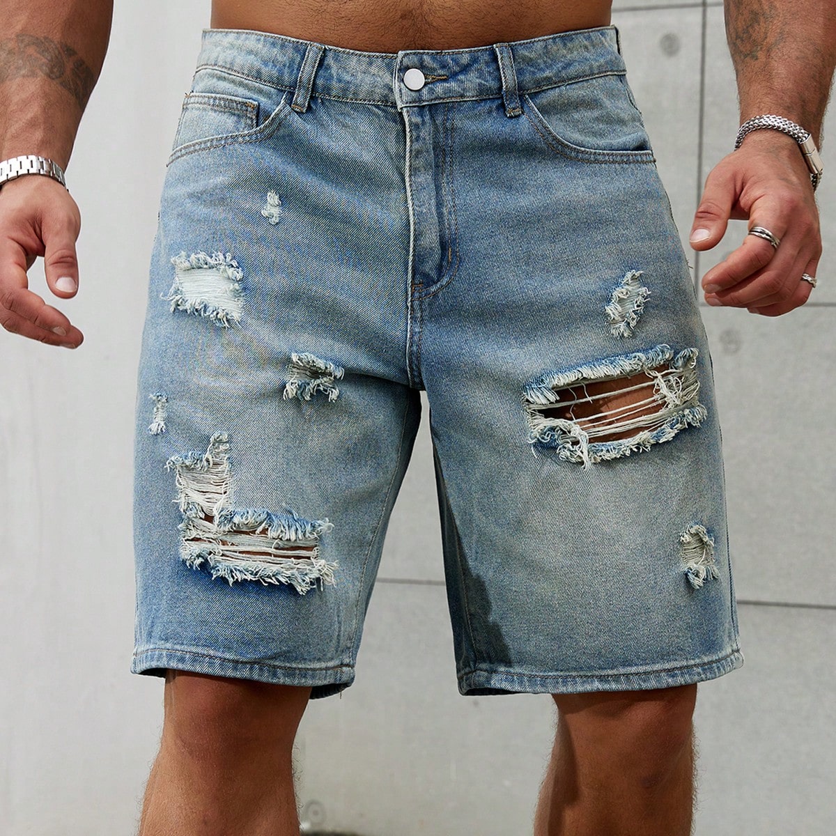 Jeans curto de algodão rasgado - Streetwear Brand Clothing avaliação e preço